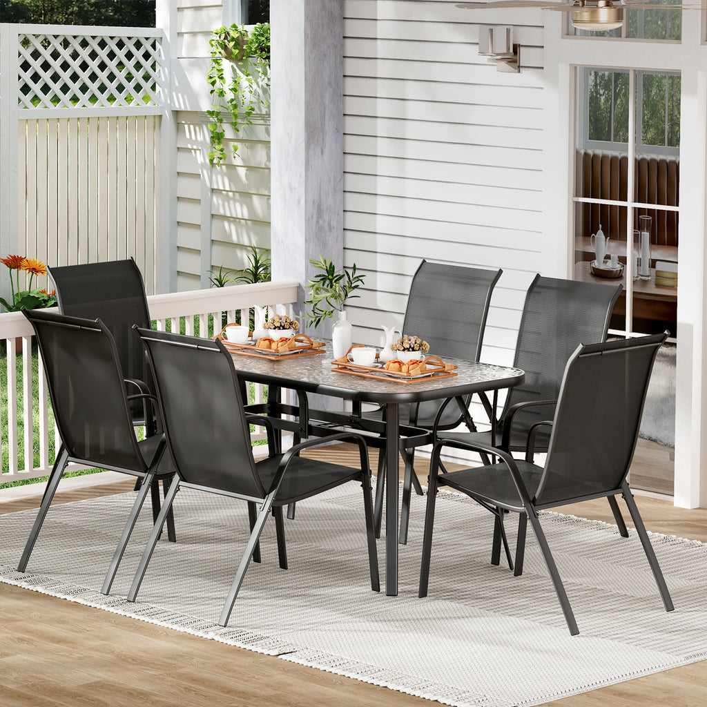 TLSUNNY Patio Table and 6 Chairs Set, Outdoor Furniture Set of 7, Widened Table w/ Umbrella Hole, Stackable Textilene Chairs, for Backyard, Porch, Garden