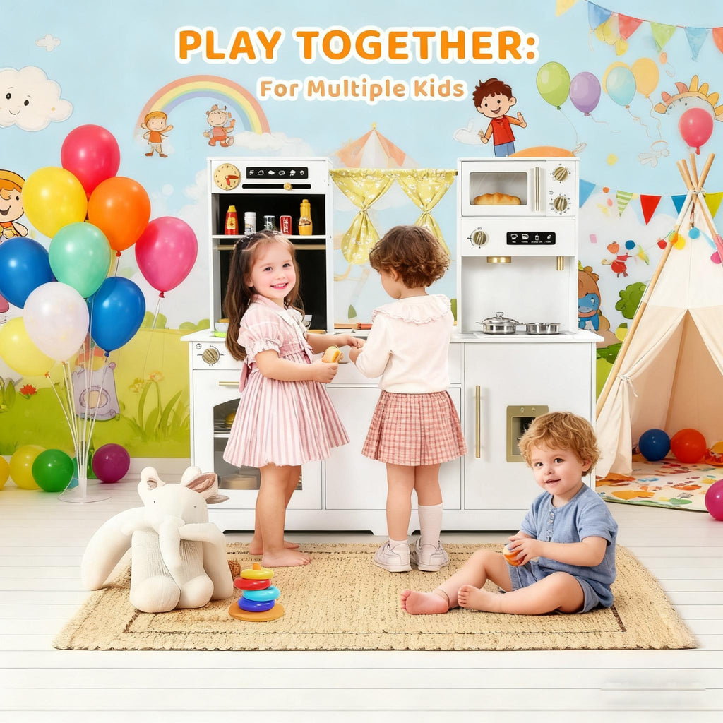 TLSUNNY Kids Play Kitchen with Realistic Lights & Sounds, Wooden Toy Pretend Play Kitchen Set w/ Sink, Faucet, Microwave, Curtain for Ages 3+