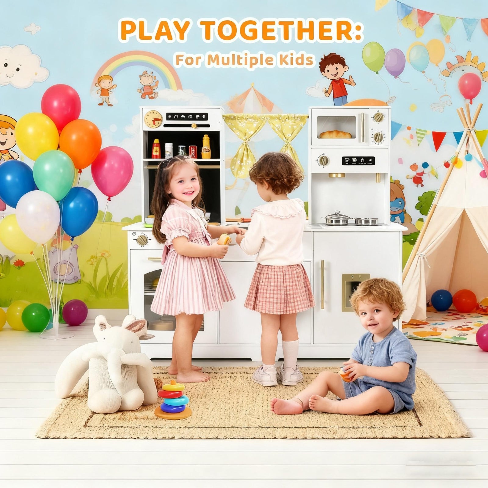 TLSUNNY Kids Play Kitchen with Realistic Lights & Sounds, Wooden Toy Pretend Play Kitchen Set w/ Sink, Faucet, Microwave, Curtain for Ages 3+
