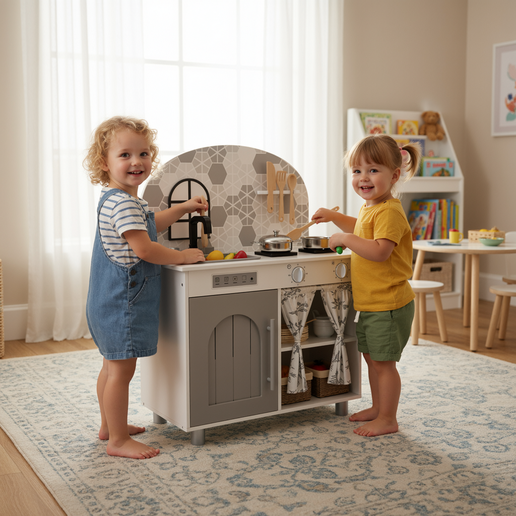 TLSUNNY Kids Play Kitchen, Wooden Kitchen Playset with Sink, Stove, Cooking Accessories, Educational Gift for Ages 3+
