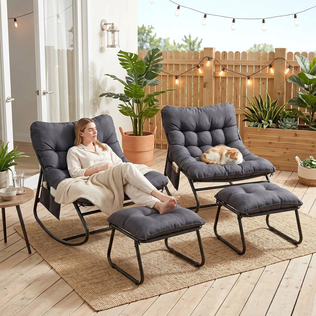 TLSUNNY Outdoor Papasan Rocking Chair, Wicker Rattan Egg Papasan Rocking Chair, Oversized Lounge Rocker Chairs for Patio, Balcony, Porch and Indoor