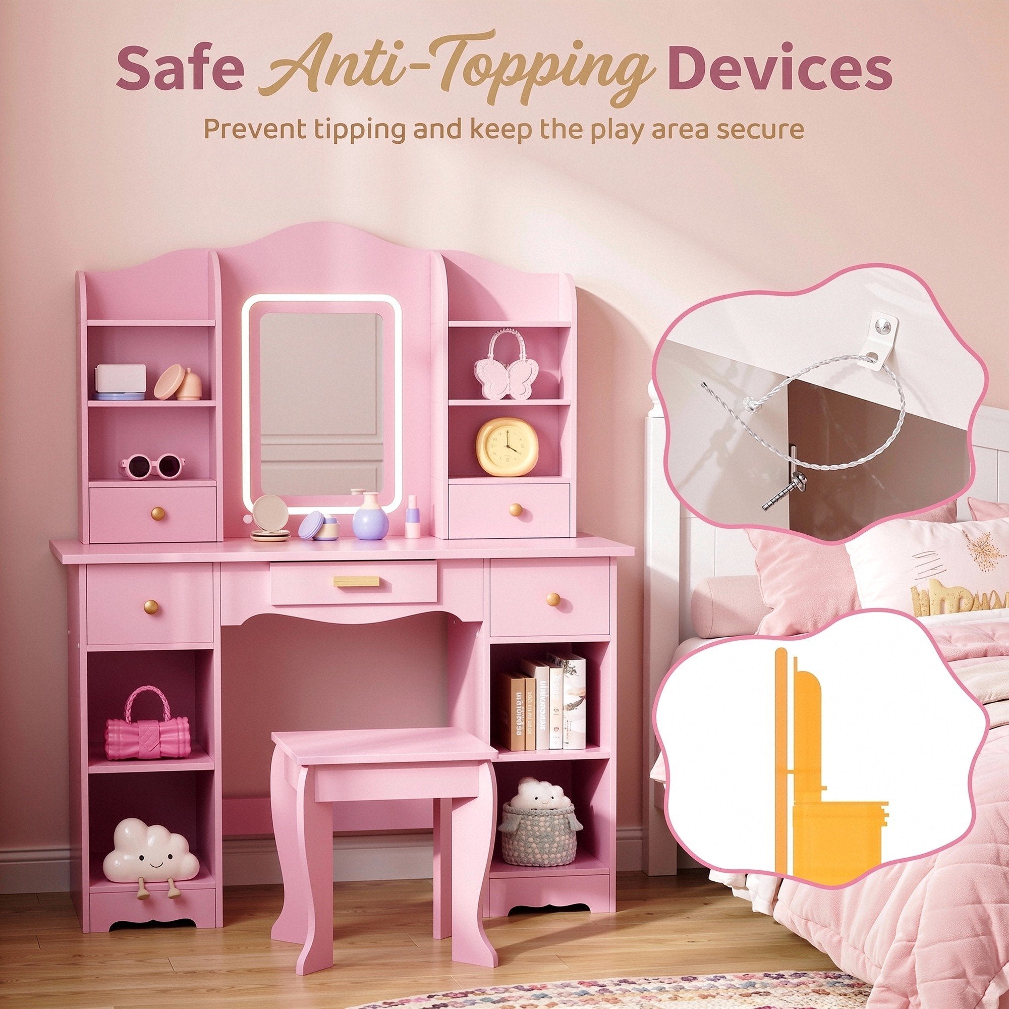 TLSUNNY Kids Vanity and Stool Set with Mirror & Adjustable Lights, Wooden Pretend Play Makeup Desk, Use for Study Desk