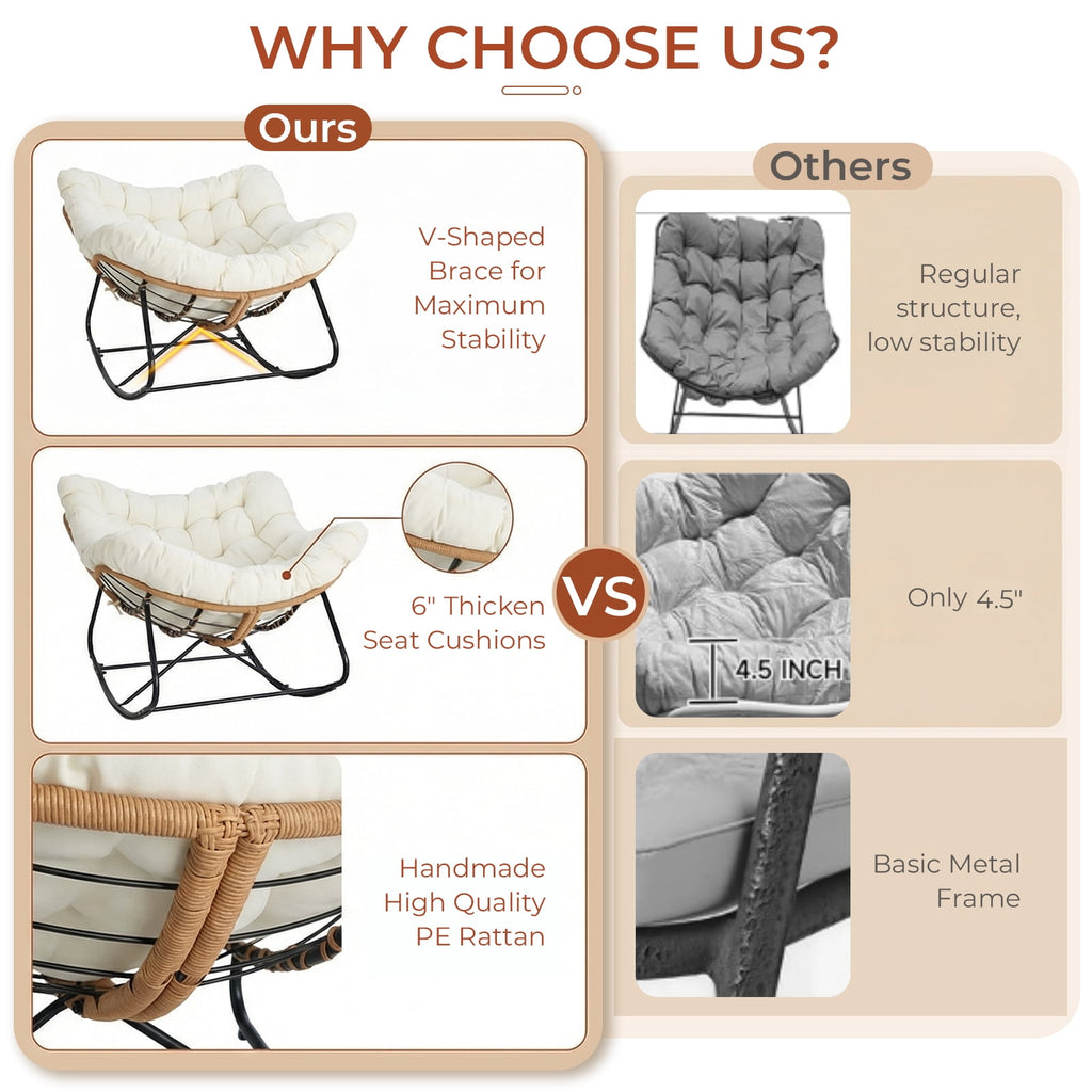 TLSUNNY Outdoor Rocking Chair, Oversized Patio Papasan Rocker, Comfy Wicker Reading Lounge, Indoor Egg Chair for Bedroom, Living Room, Lawn