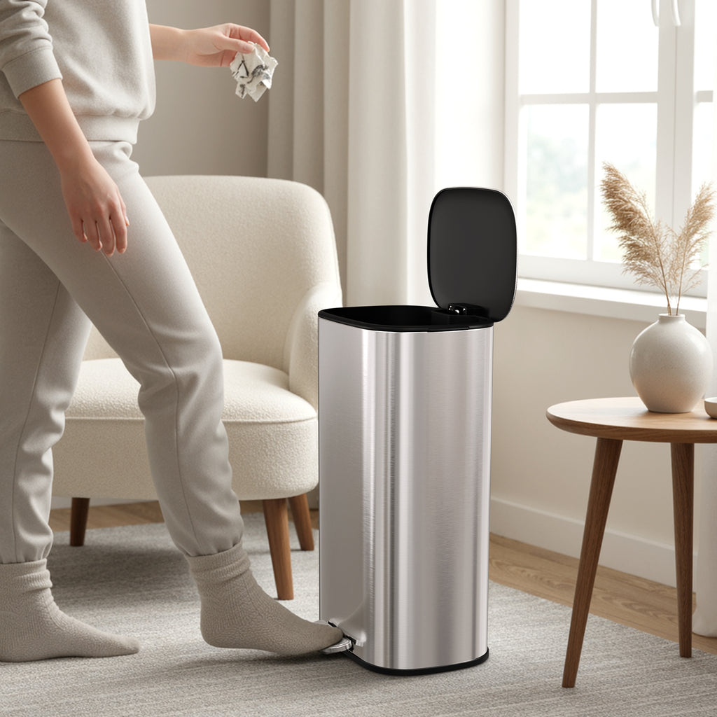 TLSUNNY 30L Step-On Oval Trash Can, 8 Gal Brushed Stainless Steel Garbage Bin with Slow-Close Lid & Handle for Kitchen/Bathroom