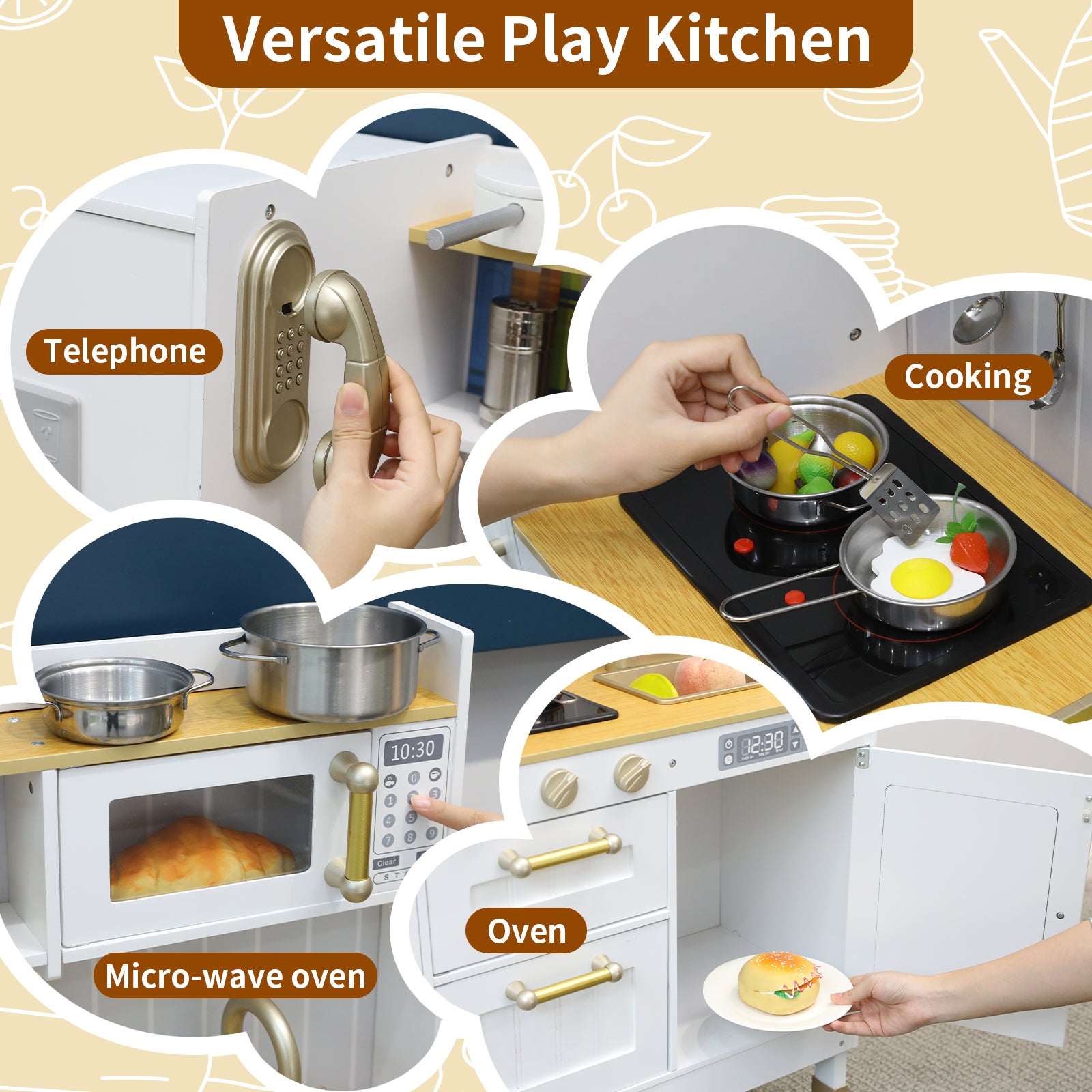 TLSUNNY Kids Play Kitchen, Wooden Kitchen Playset w/ Realistic Light & Sound and Cooking Accessories