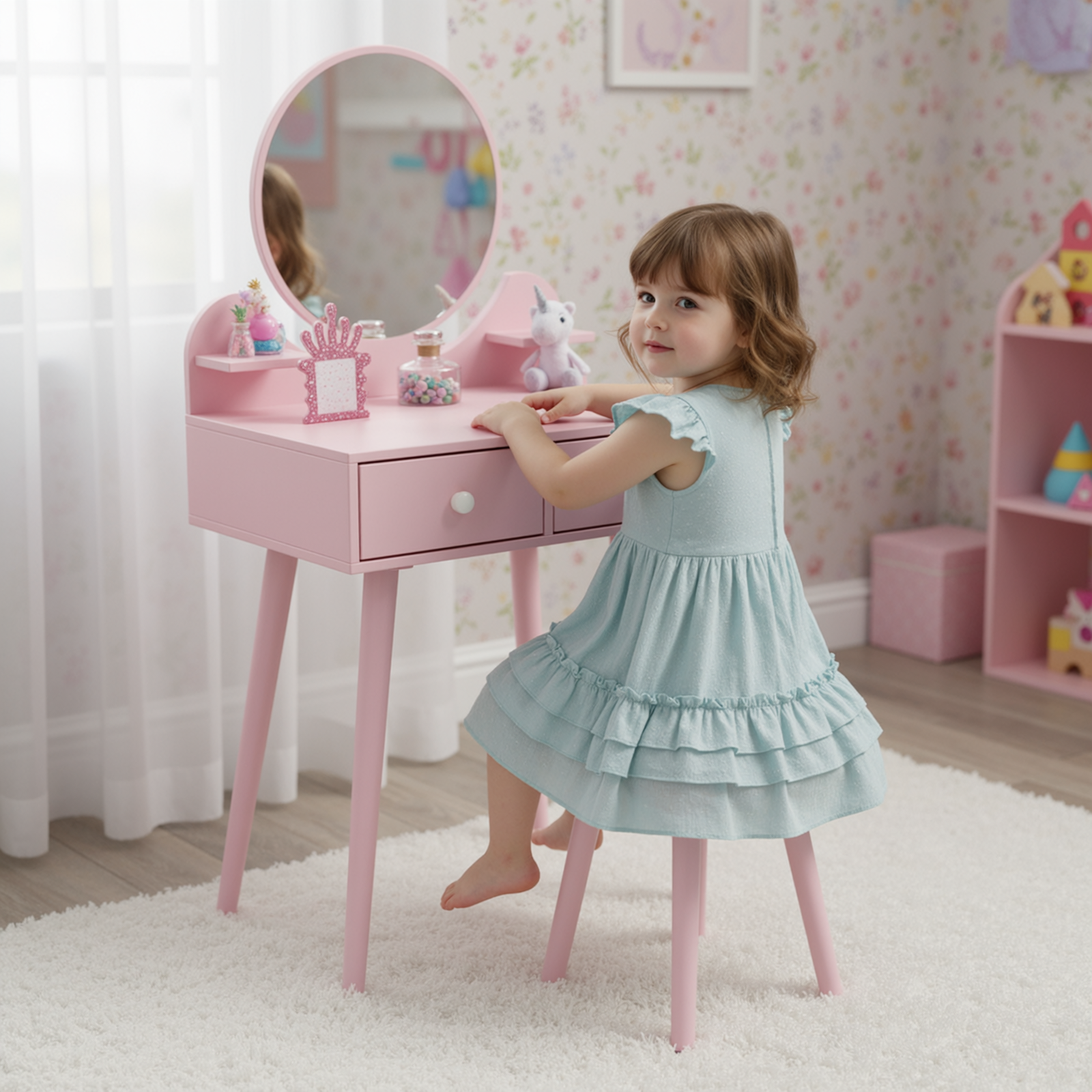 TLSUNNY Kids Princess Vanity Set, Toddlers Wooden Makeup Table & Stool with Drawer, Mirror, Detachable Top, for Little Girls