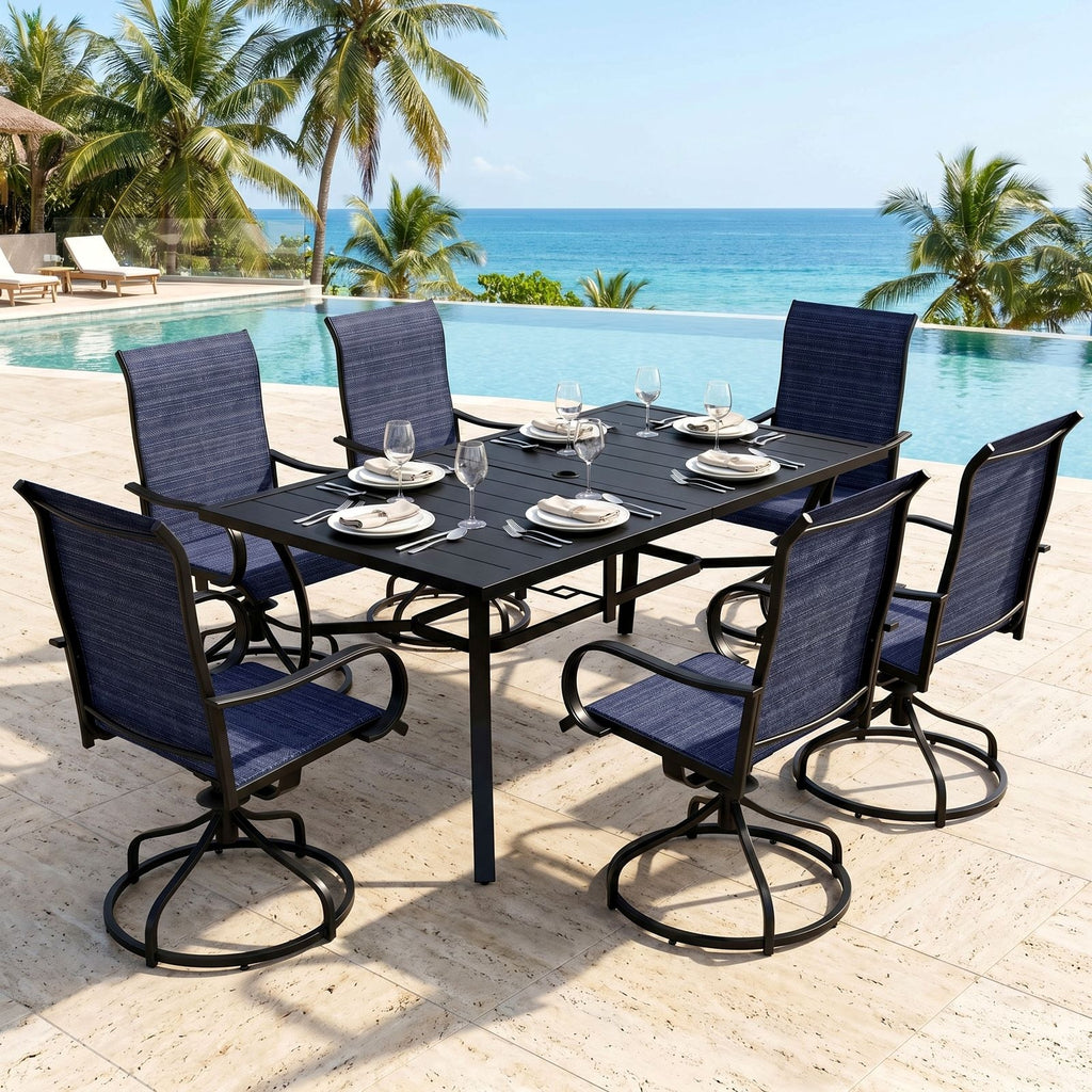 TLSUNNY Outdoor Dining Set, Patio Metal Table and Swivel Chairs Set, W/ Umbrella Hole & Foot Pads, Outdoor Furniture for Backyard, Porch, Garden