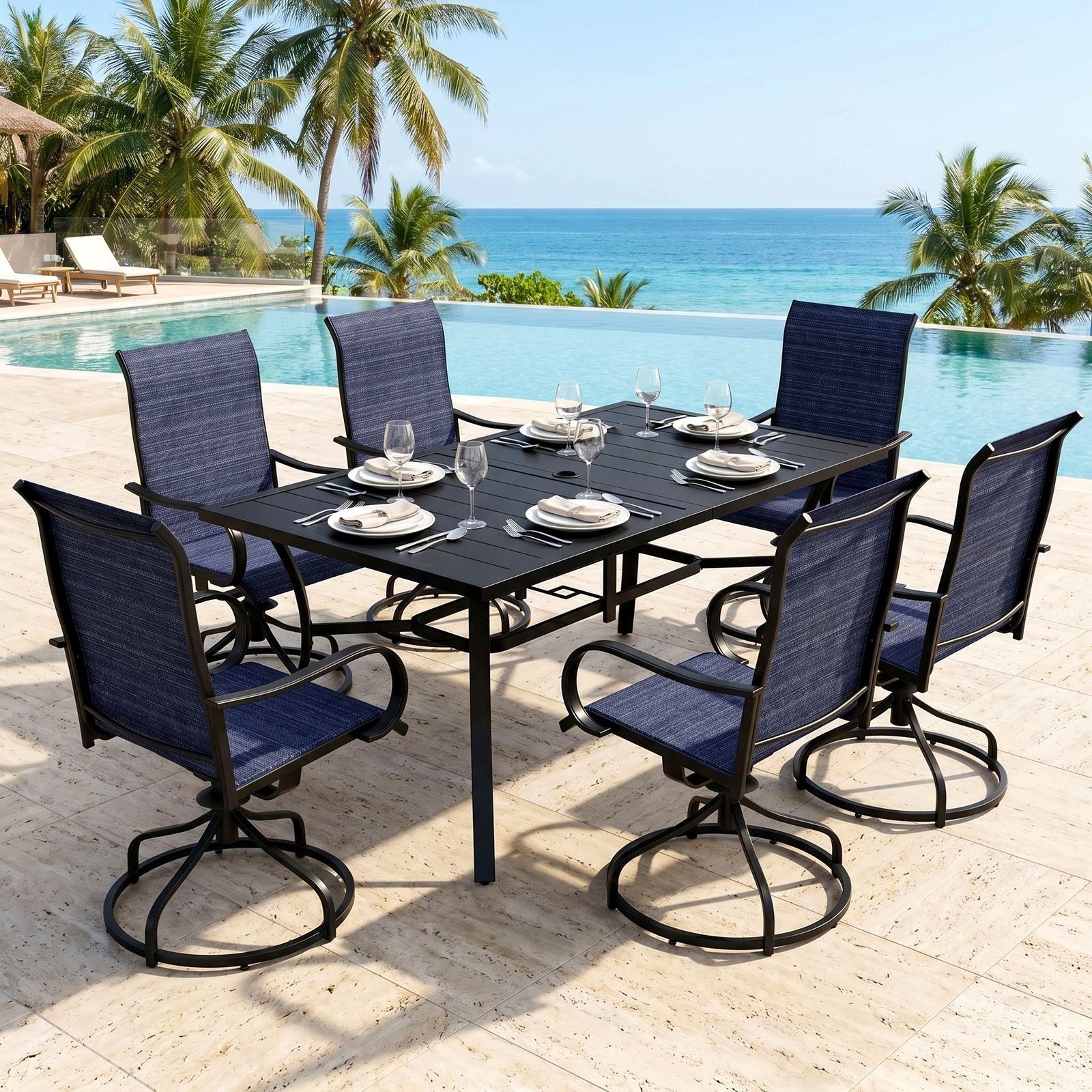 TLSUNNY Outdoor Dining Set, Patio Metal Table and Swivel Chairs Set, W/ Umbrella Hole & Foot Pads, Outdoor Furniture for Backyard, Porch, Garden