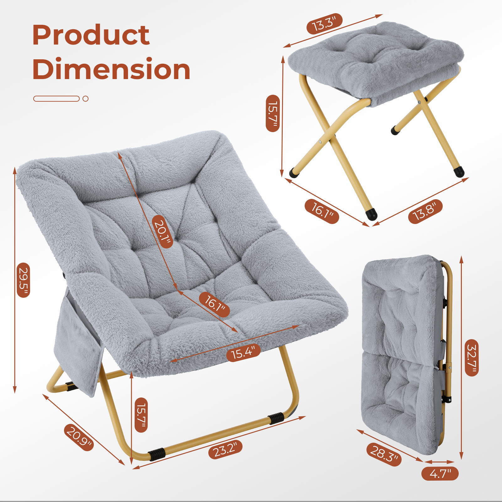 TLSUNNY Foldable Lazy Chair/Foldable Saucer Chair with Ottoman, Comfy Saucer Chair, Soft Faux Fur Reading Lounge Chair, for Living Room, Bedroom, Dorms, Teens Adults