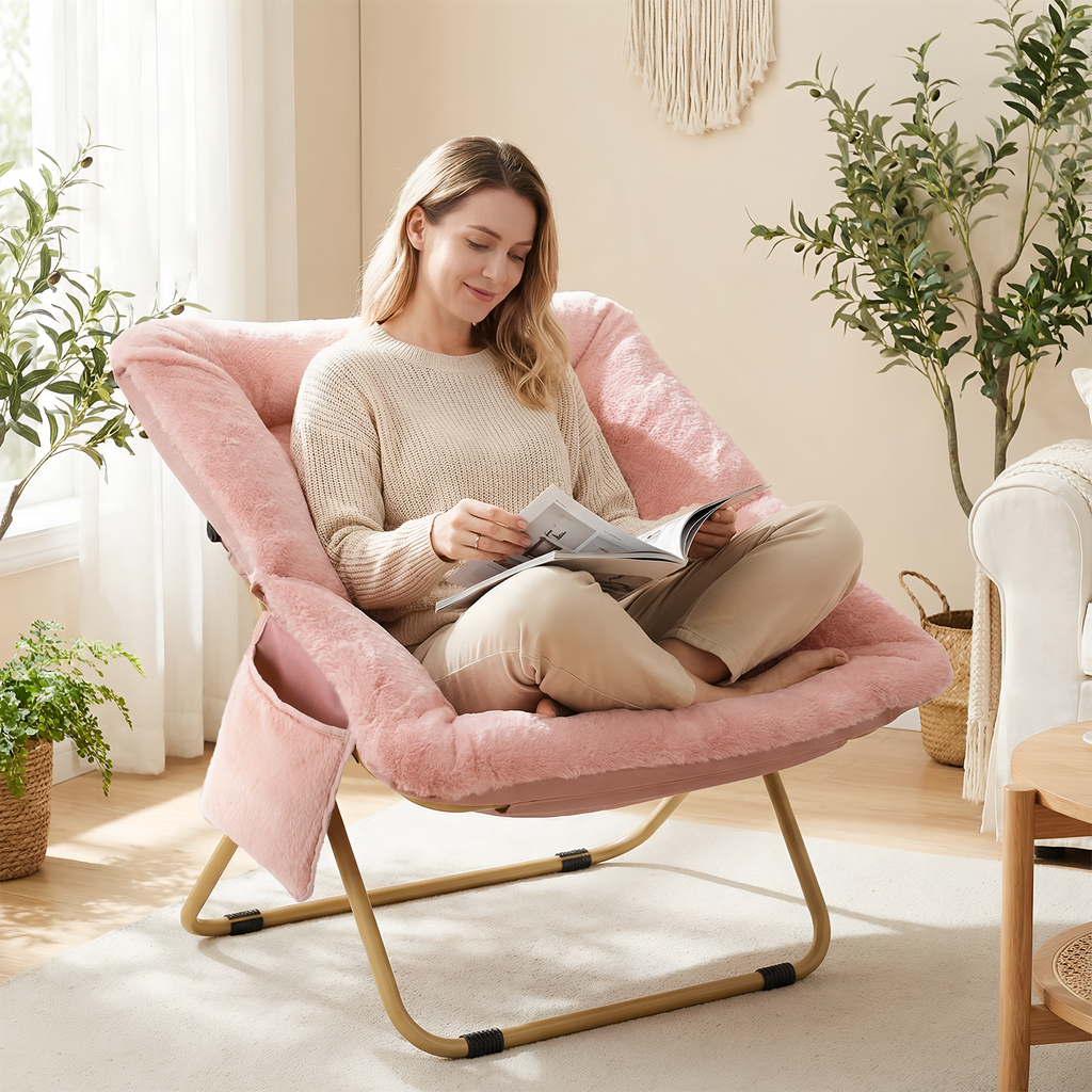 TLSUNNY Foldable Lazy Chair/Foldable Saucer Chair with Ottoman, Comfy Saucer Chair, Soft Faux Fur Reading Lounge Chair, for Living Room, Bedroom, Dorms, Teens Adults