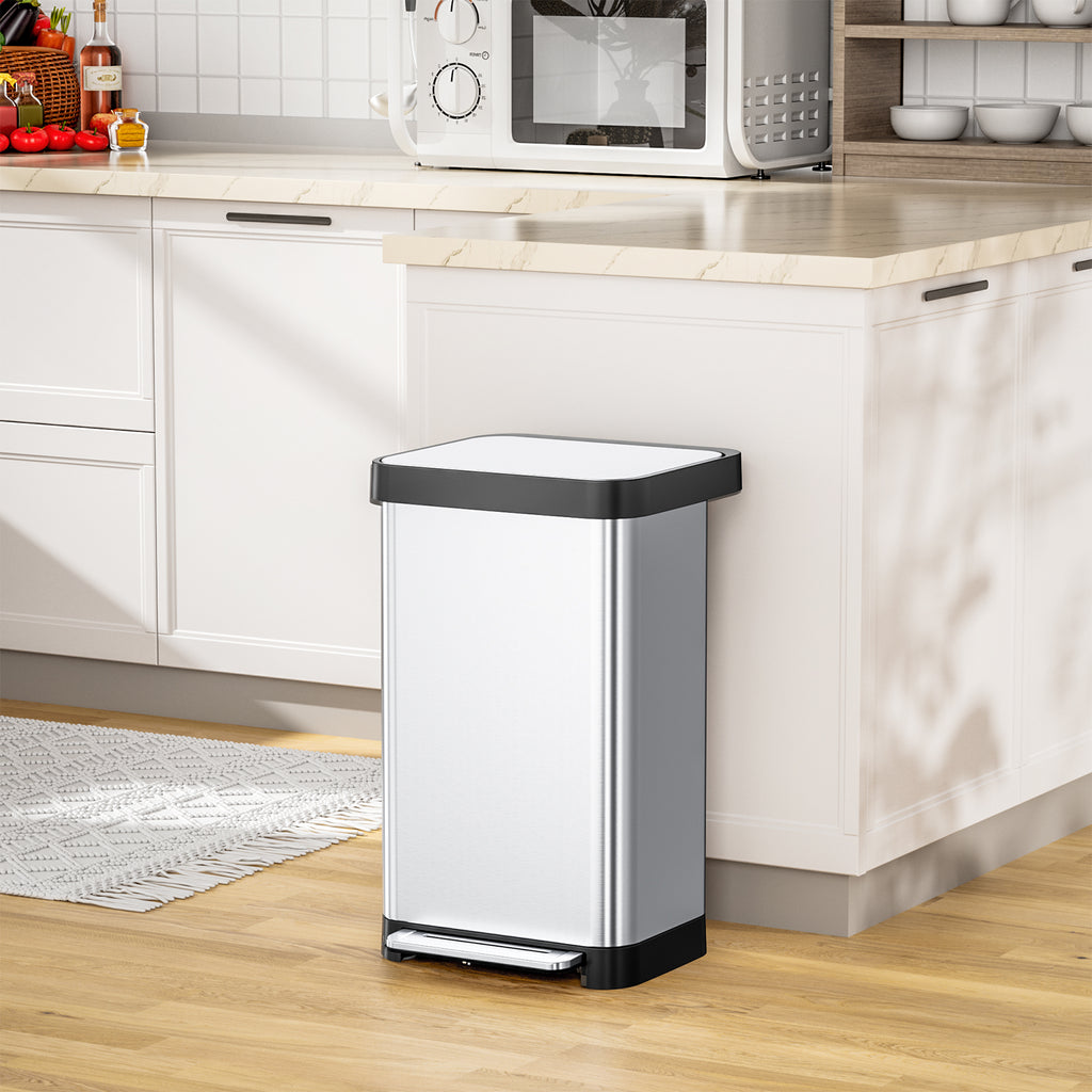 TLSUNNY 13.2 Gal Stainless Steel Trash Can, with 15 Trash Bags & Odor Control, Step-on Pedal Bin with Soft-Close Lid, No Inner Bucket, for Kitchen/Office