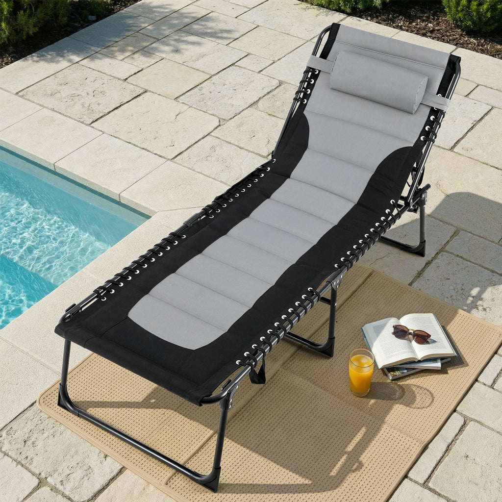TLSUNNY Outdoor Folding Lounge Chair, Portable Adjustable Back & Leg Chaise Lounges with Pillow, Side Pocket, Carrying Handle, for Patio, Office