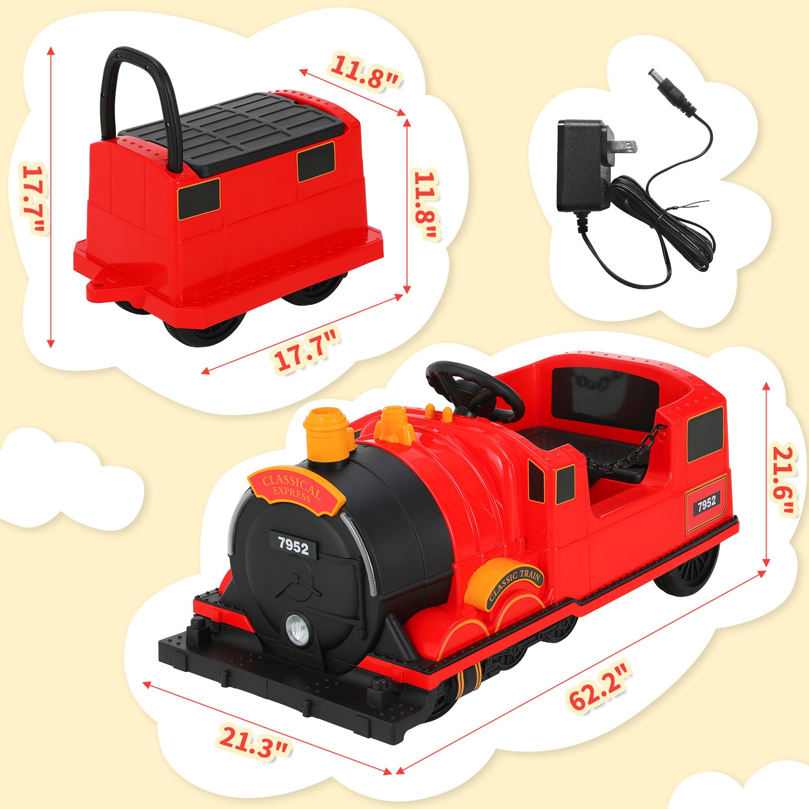TLSUNNY Kids Ride On Train Trackless, 12V Kids Battery Powered Electric Train w/ Lights & Music, Detachable Carriage, Storage, for Toddlers