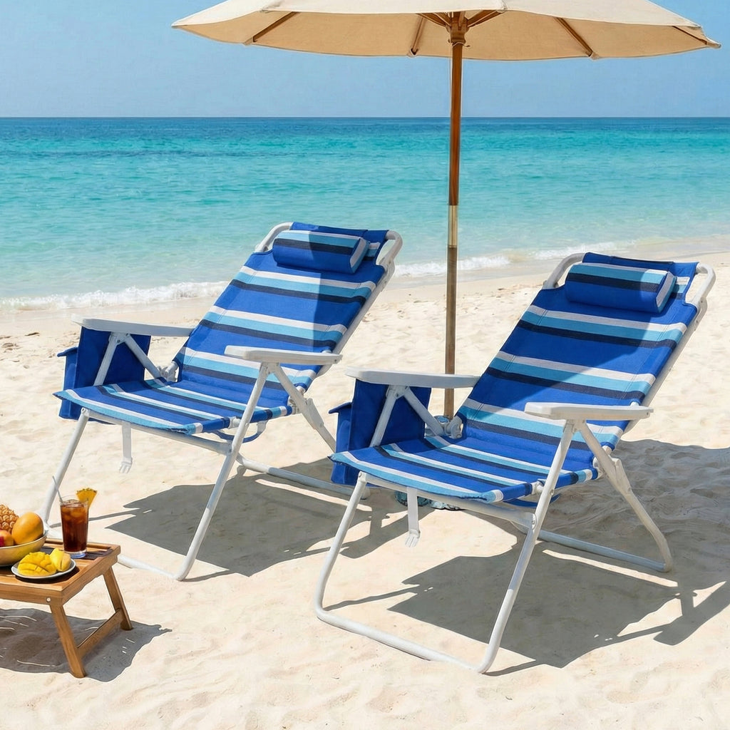 TLSUNNY Backpack Beach Chair Set of 1/2, Outdoor 5-Level Adjustable Folding Chair, w/ Cup Holder, Headrest, Storage Bag, Cooler Pouch, for Camping