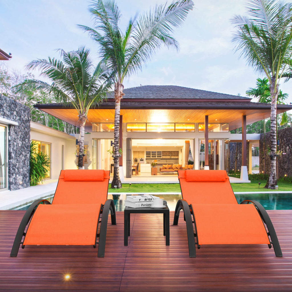 TLSUNNY Outdoor Lounge Set of 3, Aluminum Frame 2 Recliner Chairs & 1 Side Table with Adjustable Backrest and Removable Headrest, for Backyard, Pool, Patio Tanning