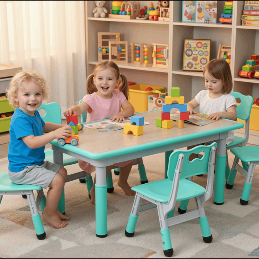TLSUNNY Kids Table and 6 Chairs Set, Height Adjustable, Preschool Activity Table with Graffiti Top for Daycare Classroom, Ages 3-12