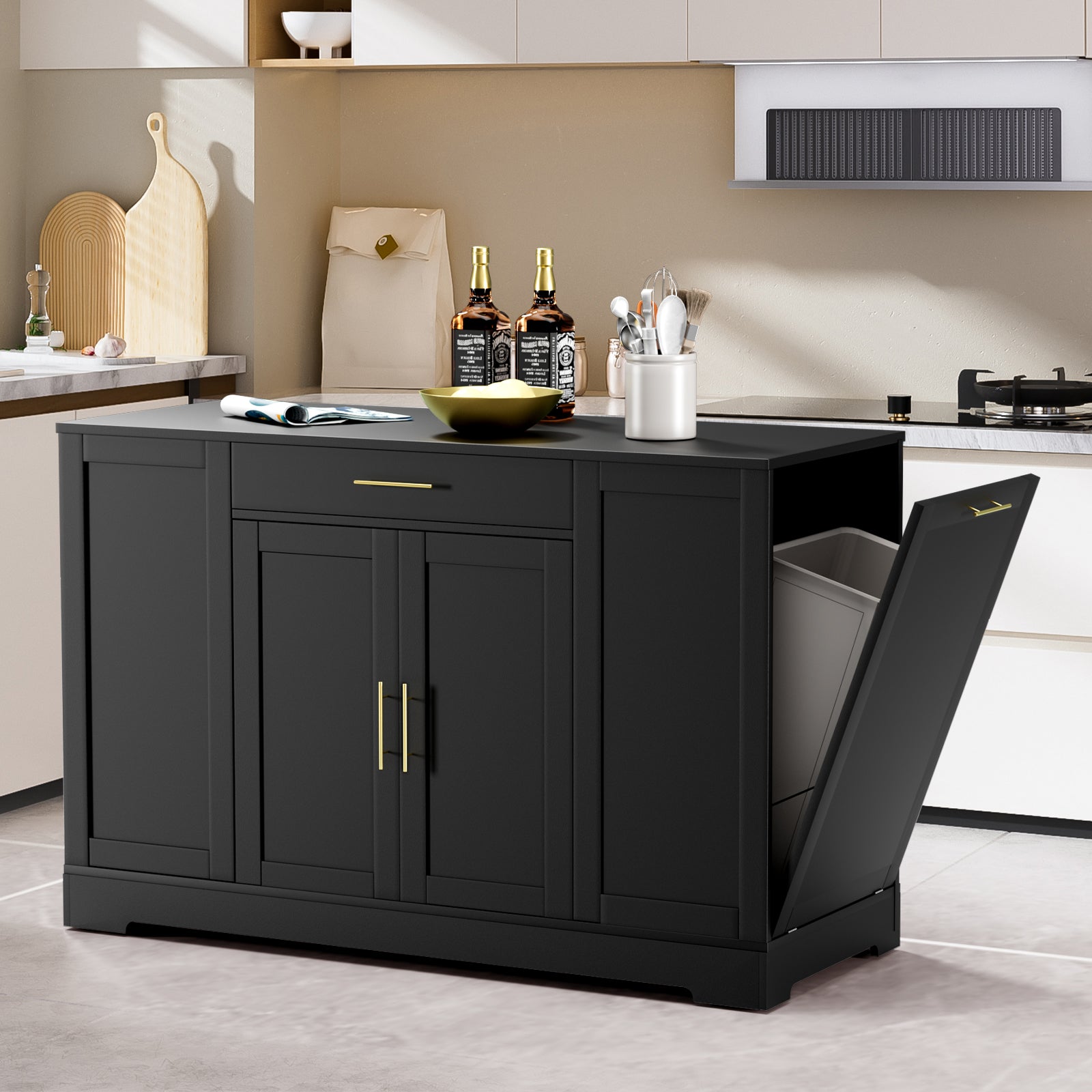 TLSUNNY 53" Kitchen Island w/ 13 Gal Trash Can Storage Cabinet, Portable Kitchen Island, Open Side Shelves and Drawer