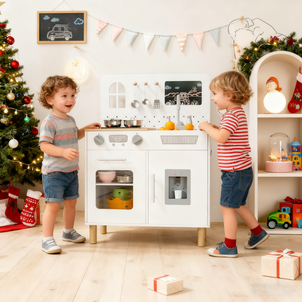 TLSUNNY Kids Play Kitchen Set, w/ Realistic Lights & Knob Sounds, Wooden Play Kitchen with Water Dispenser & Chalkboard for Age 3+
