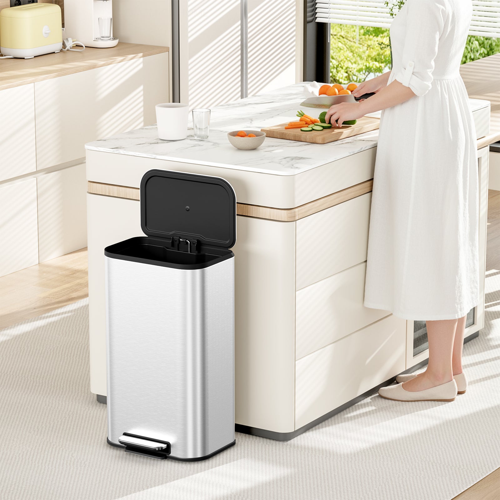 TLSUNNY 30/50L Square Step-On Trash Can, 8/13.2 Gal Fingerprint-Proof Stainless Steel Garbage Bin for Kitchen/Office