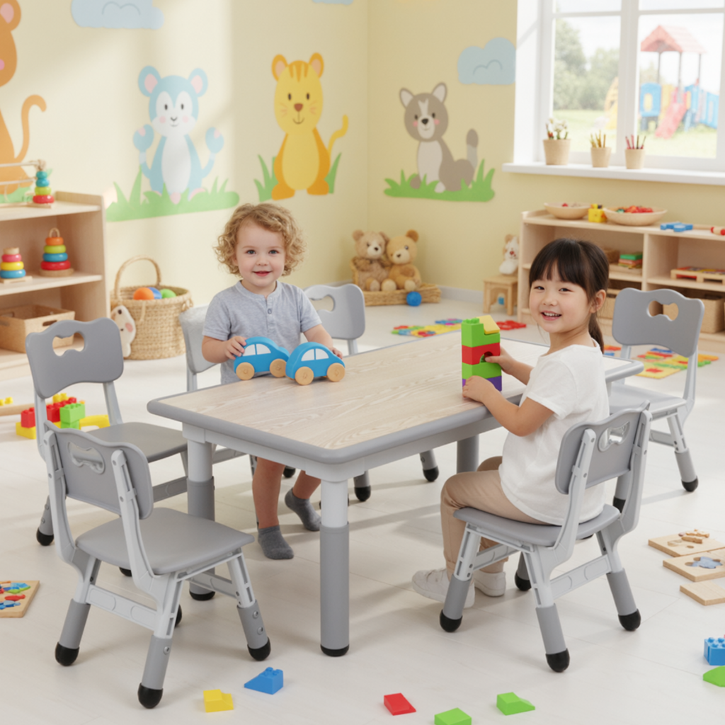 TLSUNNY Kids Table and 6 Chairs Set, Height Adjustable, Preschool Activity Table with Graffiti Top for Daycare Classroom, Ages 3-12