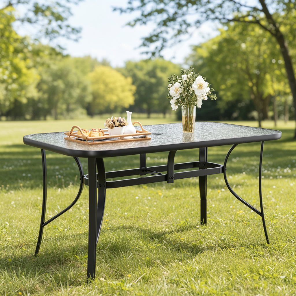 TLSUNNY Outdoor Dining Table with Umbrella Hole, Rectangular Glass Patio Table, Outdoor Metal Furniture for Outside, Garden, Balcony, Black