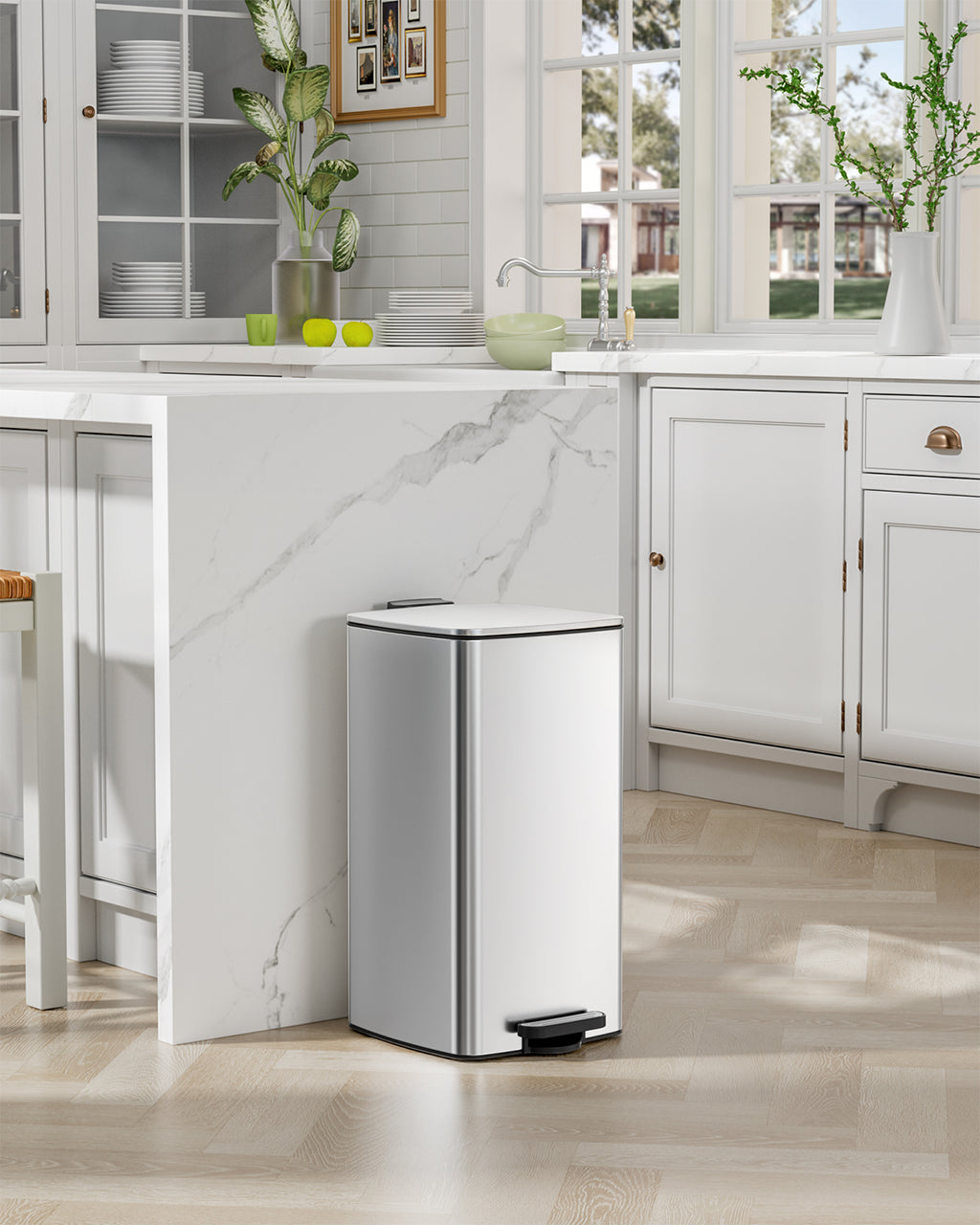 TLSUNNY 8 Gal/30L Square Trash Can, Fingerprint-Proof Stainless Steel Step Garbage Bin, Soft-Close Lid & Removable Bucket for Kitchen, Office, Home