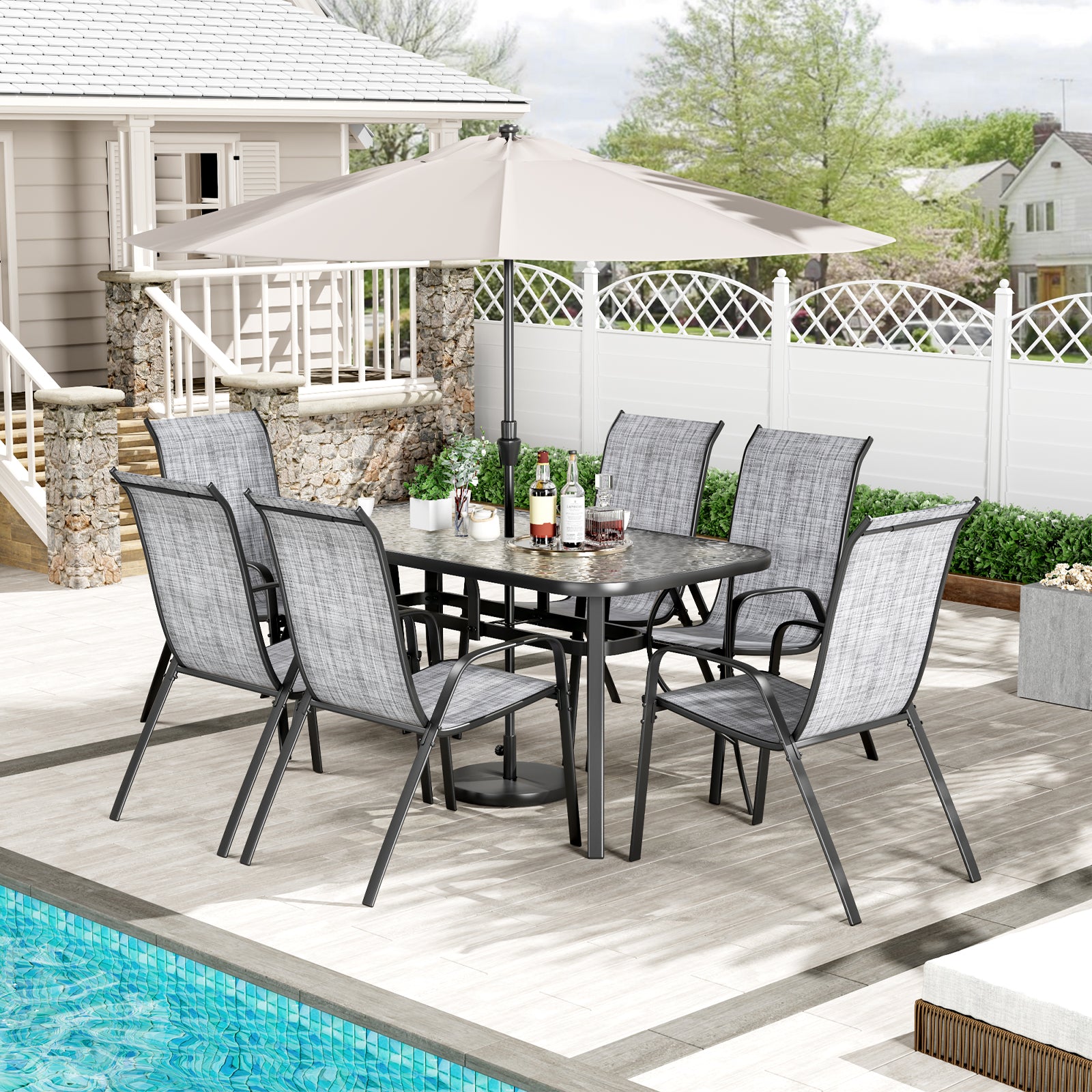 TLSUNNY Patio Table and 6 Chairs Set, Outdoor Furniture Set of 7, Widened Table w/ Umbrella Hole, Stackable Textilene Chairs, for Backyard, Porch, Garden