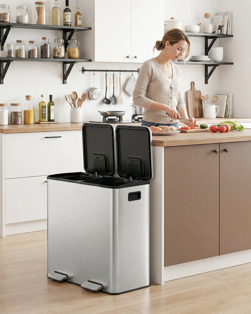 TLSUNNY 2 x 10.6 Gal Stainless Steel Double Trash Can with Odor-Control Box, Large Step-on Dual Garbage and Recycle Bin Combo, PP Inner Buckets, for Home