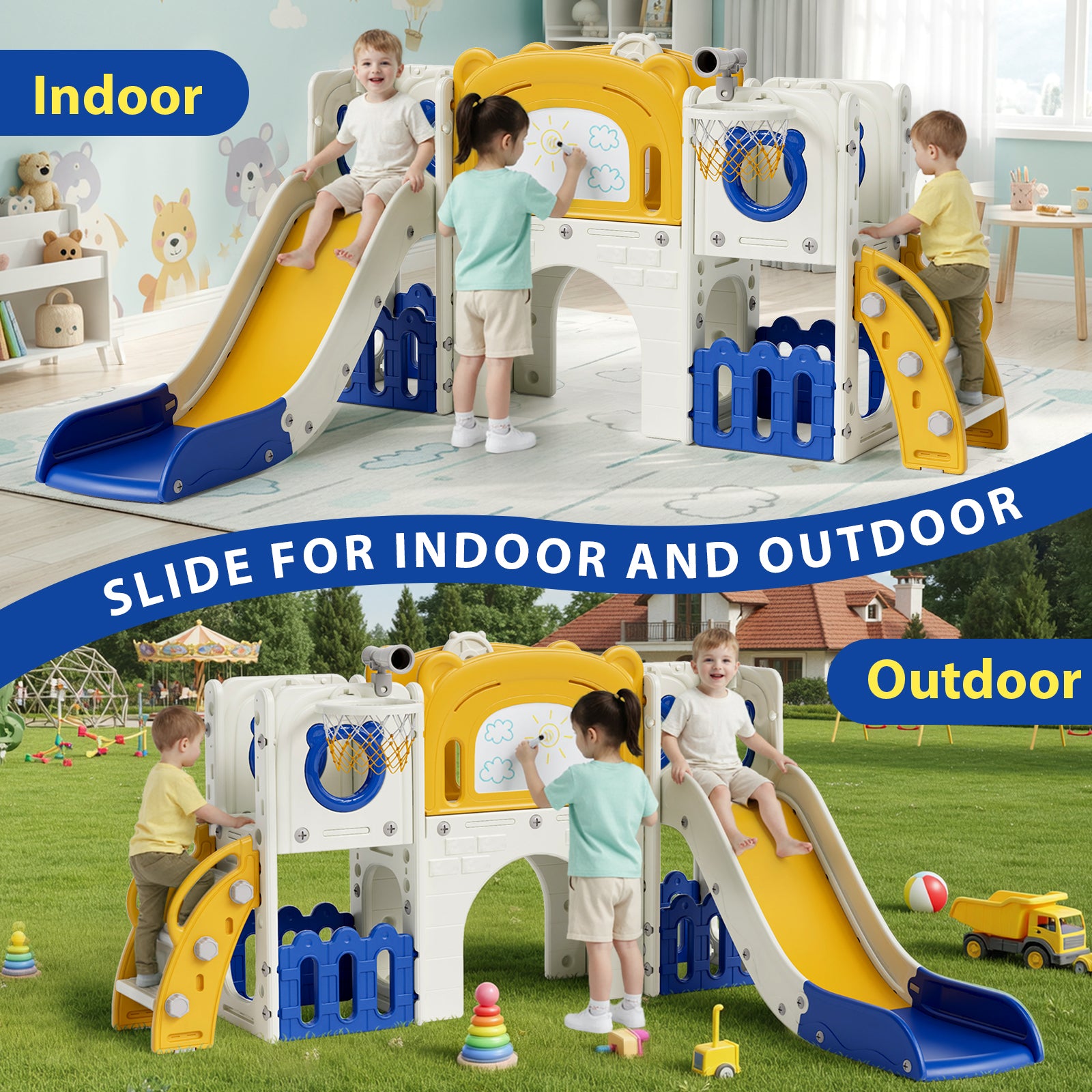 TLSUNNY 10-in-1 Kids Slide & Climber Set, with Basketball Hoop, Telescope, Drawing Board, Tunnel, Indoor Outdoor Toddler Playset