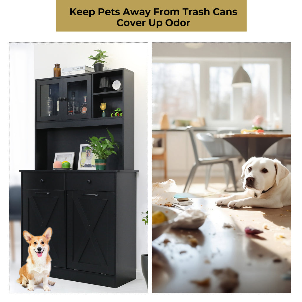 TLSUNNY Double Tilt-Out Trash Cabinet, Freestanding Hidden Garbage Storage w/ Drawers & Shelves for Kitchen/Laundry Room