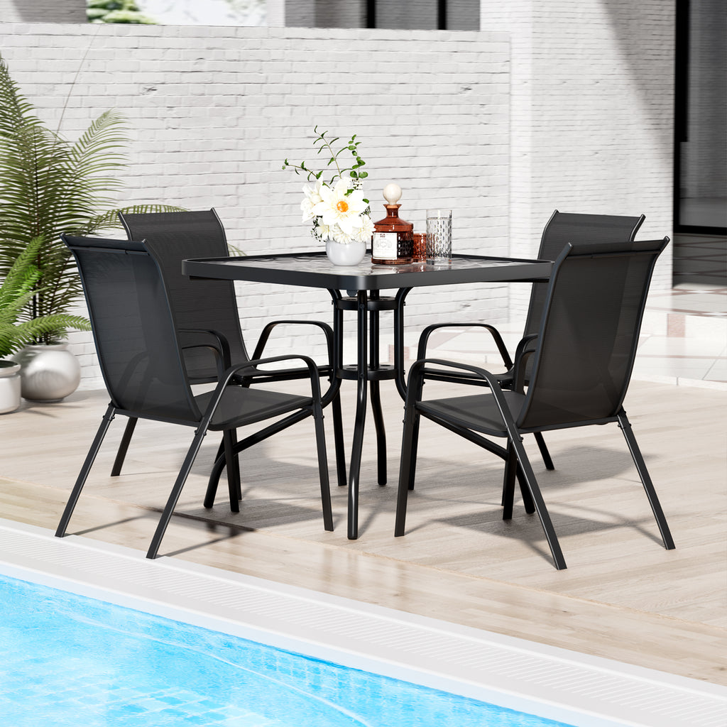 TLSUNNY Outdoor Dining Set of 5, Square Glass Top Table with Umbrella Hole and 4 Stackable Textilene Chairs, for Patio, Backyard, Porch, Lawn Use