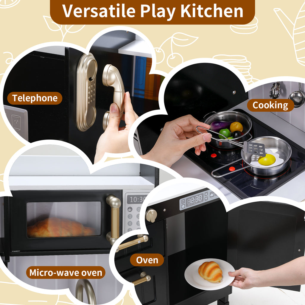 TLSUNNY Kids Play Kitchen, Wooden Kitchen Playset w/ Realistic Light & Sound and Cooking Accessories
