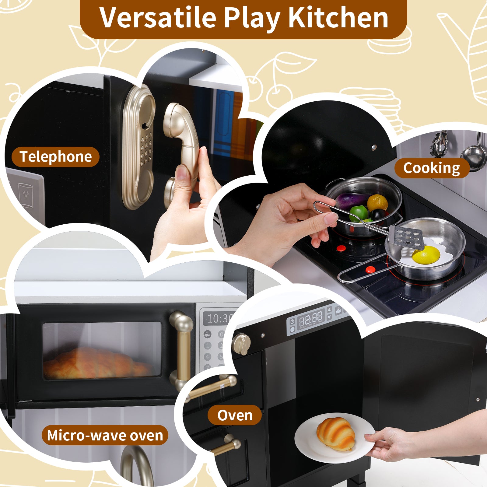 TLSUNNY Kids Play Kitchen, Wooden Kitchen Playset w/ Realistic Light & Sound and Cooking Accessories