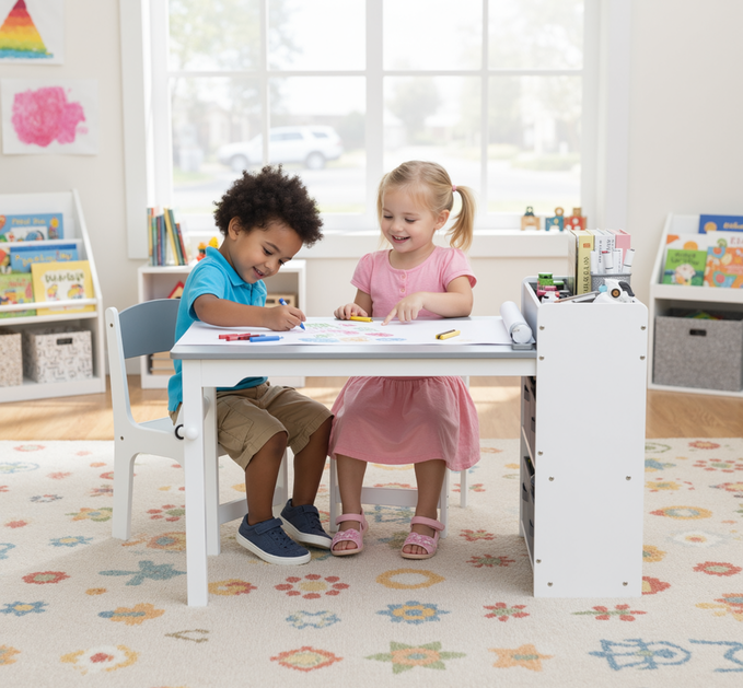 TLSUNNY Kids Art Table and 2 Chairs, Massive Storage, Toddler Craft Desk Set, w/ Paper Roll & 4 Storage Bins, Age 3+