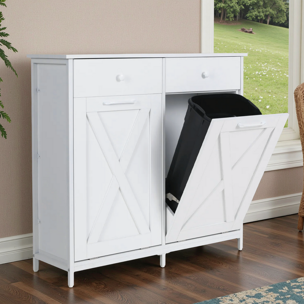 TLSUNNY Dual Tilt-Out Trash Cabinet, Freestanding Recycling Station with Drawer for Living Room/Kitchen