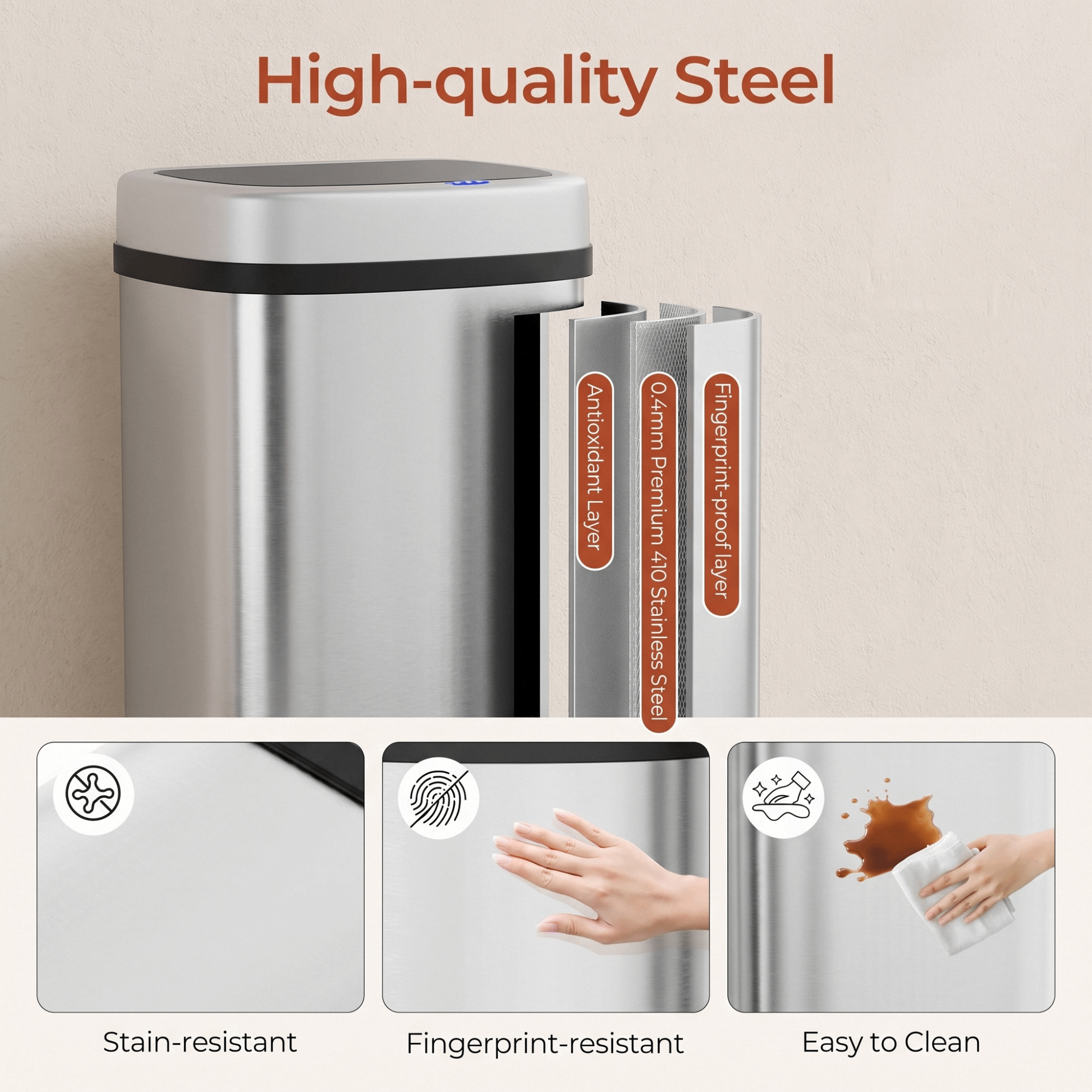 TLSUNNY 13.2/15.6/18.5 Gallon Automatic Touchless Motion Sensor Garbage Bin, Stainless Steel Kitchen Trash Can W/ Soft-Close Lid, Wave or Touch to Open