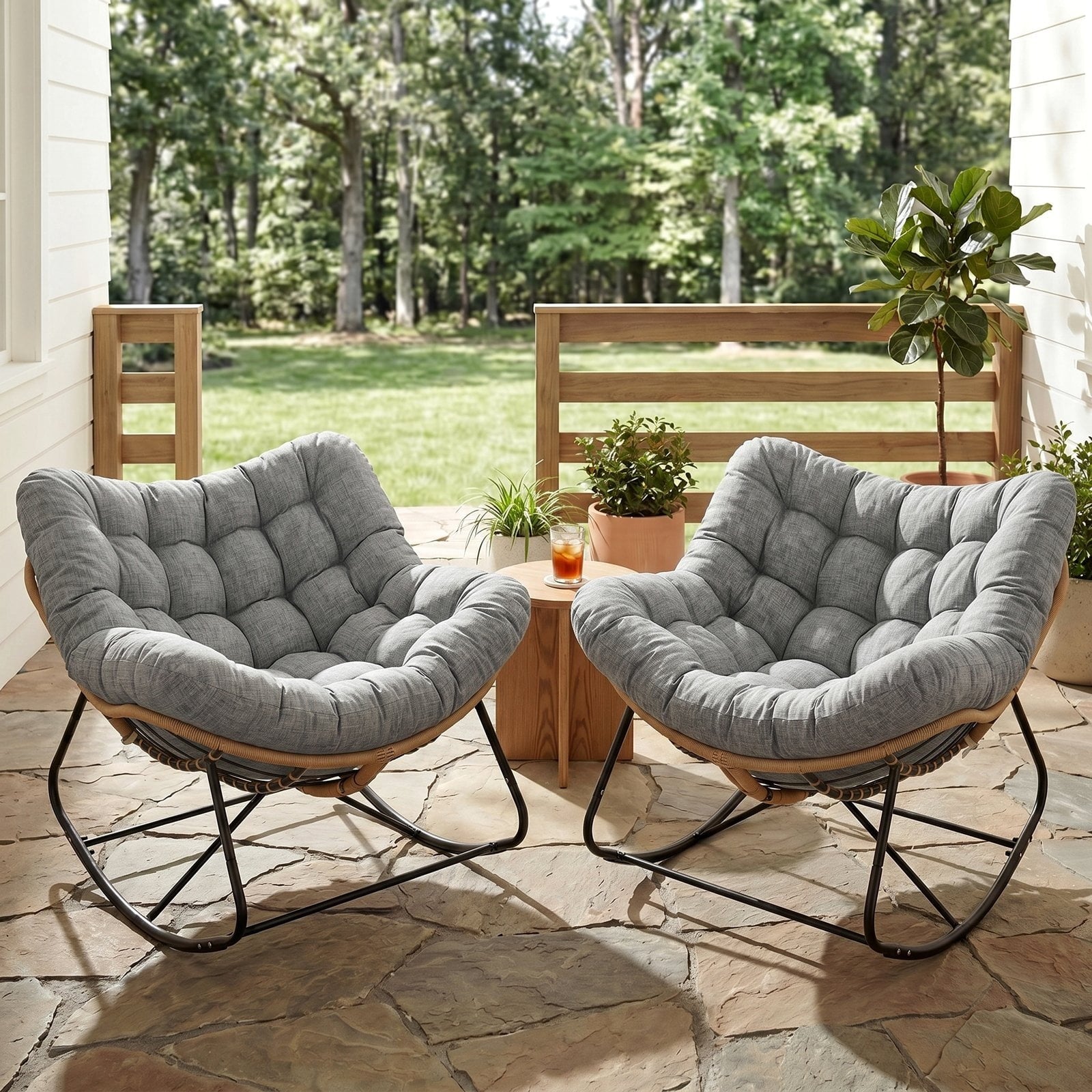 TLSUNNY Outdoor Rocking Chair, Oversized Patio Papasan Rocker, Comfy Wicker Reading Lounge, Indoor Egg Chair for Bedroom, Living Room, Lawn