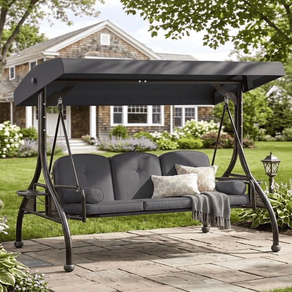 TLSUNNY Canopy Swing Chair Set, 3-Seat Outdoor Swing Chair with Stand & Removable Seat Cushion, for Patio, Backyard, Balcony Relaxation, Supports 750LBS