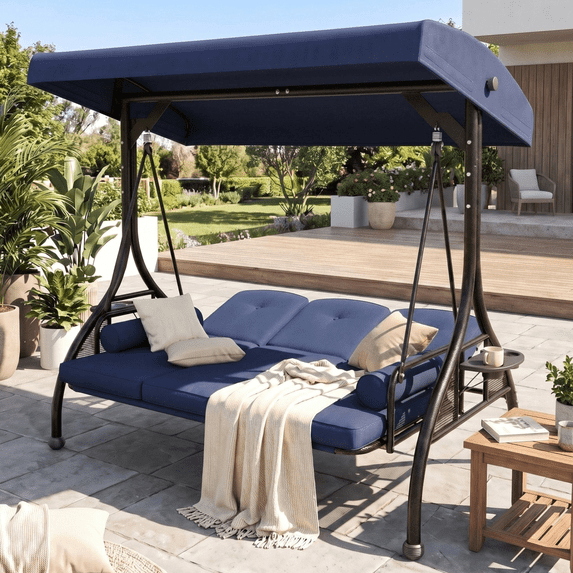 TLSUNNY Canopy Swing Chair Set, 3-Seat Outdoor Swing Chair with Stand & Removable Seat Cushion, for Patio, Backyard, Balcony Relaxation, Supports 750LBS