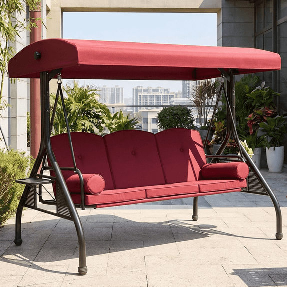 TLSUNNY Canopy Swing Chair Set, 3-Seat Outdoor Swing Chair with Stand & Removable Seat Cushion, for Patio, Backyard, Balcony Relaxation, Supports 750LBS
