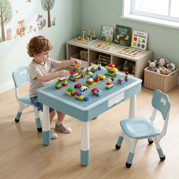 TLSUNNY Kids Table and 2 Chairs Set, W/ Double-Sided Graffiti/Building Blocks Activity Tabletop and 2 Drawers for Drawing/Playing/Reading, for Toddlers
