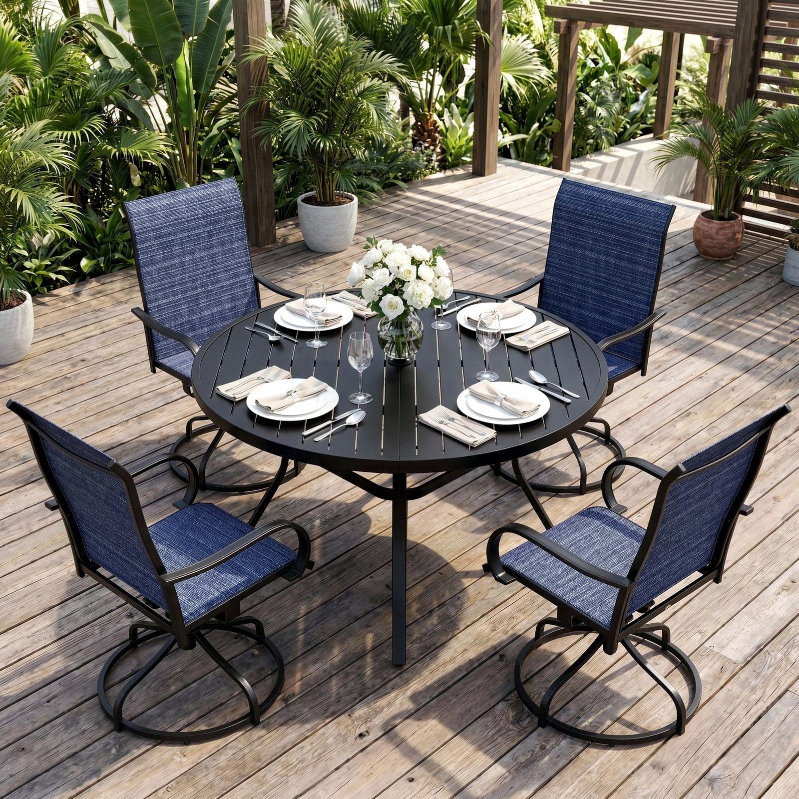 TLSUNNY 5-Piece Outdoor Dining Set for 4, 47.2" Round Black Metal Table W/ Umbrella Hole & 4 Iron Swivel Chairs, Patio Dining Furniture, for Patio, Deck, Porch (Umbrella Not Included)