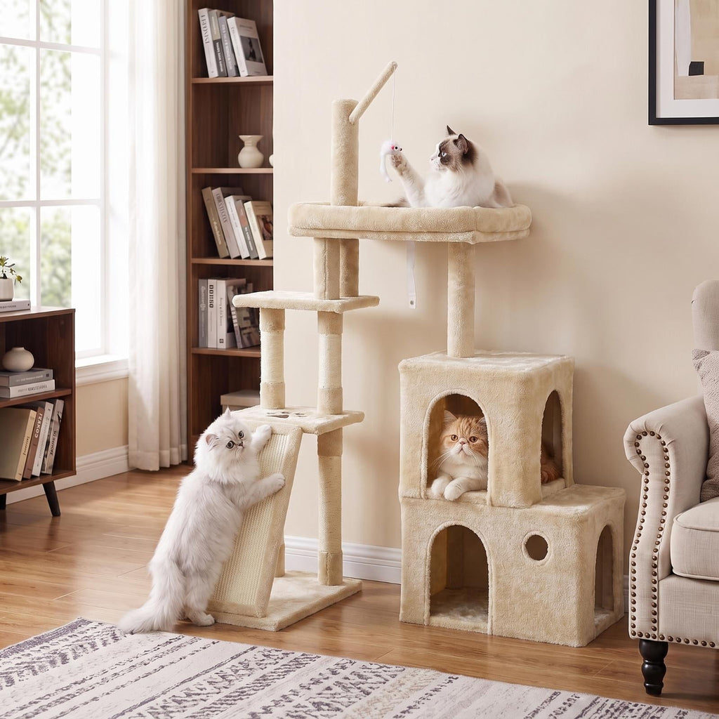 TLSUNNY Cat Tree Tower, Heavy Duty Cat Tower for Multiple Adult Cats, with Condos, Scratching Board, Scratching Post & 1 Interactive Cat Feather Toy, for Indoor Kitties, Beige