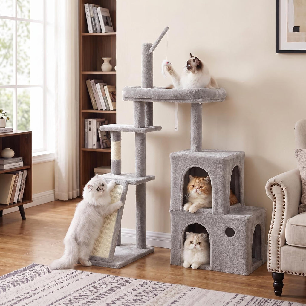 TLSUNNY Cat Tree Tower, Heavy Duty Cat Tower for Multiple Adult Cats, with Condos, Scratching Board, Scratching Post & 1 Interactive Cat Feather Toy, for Indoor Kitties, Beige