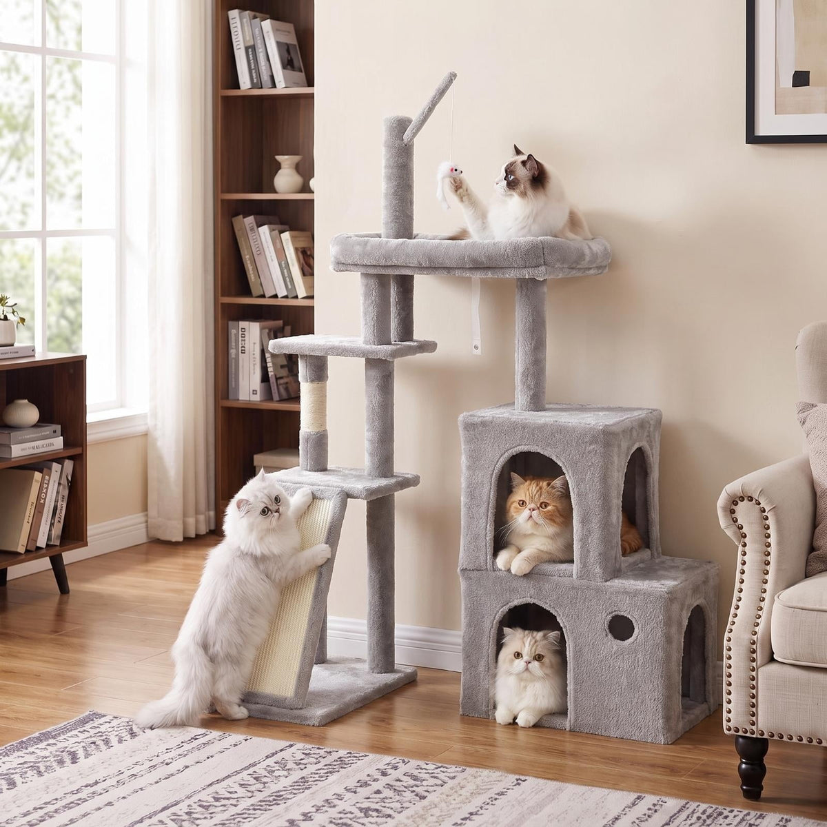 TLSUNNY Cat Tree Tower, Heavy Duty Cat Tower for Multiple Adult Cats, with Condos, Scratching Board, Scratching Post & 1 Interactive Cat Feather Toy, for Indoor Kitties, Beige