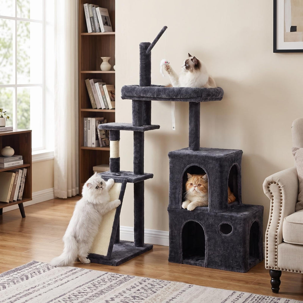 TLSUNNY Cat Tree Tower, Heavy Duty Cat Tower for Multiple Adult Cats, with Condos, Scratching Board, Scratching Post & 1 Interactive Cat Feather Toy, for Indoor Kitties, Beige