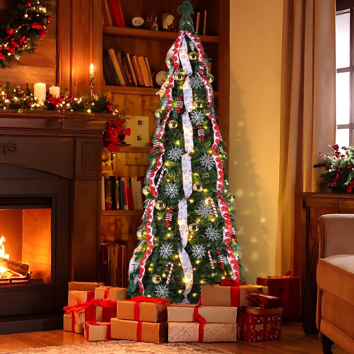TLSUNNY 6/7 FT Pre-Lit Pop up Christmas Tree, w/150 Warm White & Colored Lights, Artificial Xmas Tree w/Remote Control, 11 Lighting Models, Holiday Home Decor