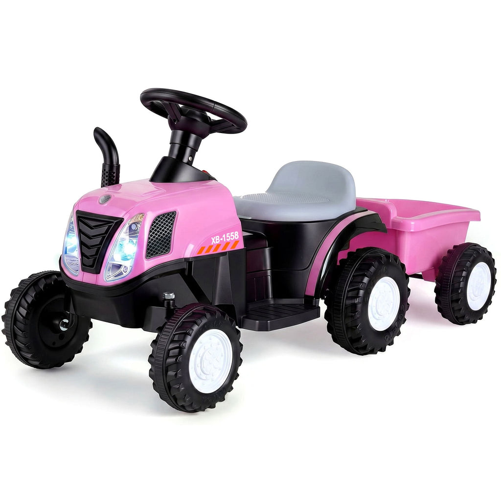 TLSUNNY 6V Kids Ride on Tractor, Battery Powered Vehicle with Detachable Trailer, Music, Headlights & Foot Pedal Control for Toddlers Boys & Girls