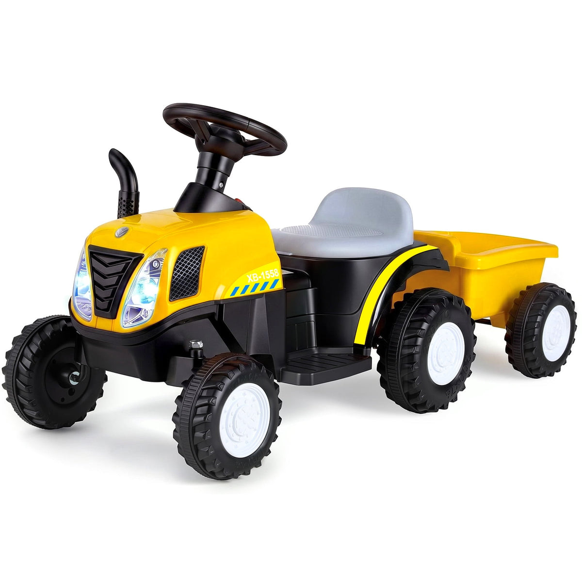 TLSUNNY 6V Kids Ride on Tractor, Battery Powered Vehicle with Detachable Trailer, Music, Headlights & Foot Pedal Control for Toddlers Boys & Girls