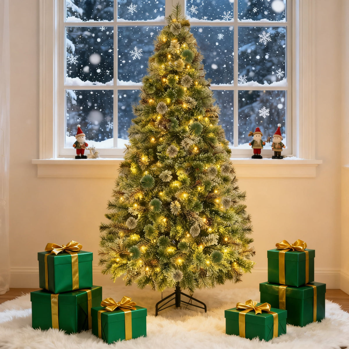 TLSUNNY 6/8/9ft Pre-lit Artificial Christmas Tree with 550 Branche Tips 250 LED Warm Lights, Fluffy Snow Flocked Pine Tree, Metal Stand Hinged Xmas Tree